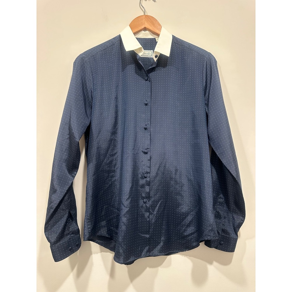 Foxcroft Womens Navy Blue Polka Dot Button Down Blouse White Collar Size 12